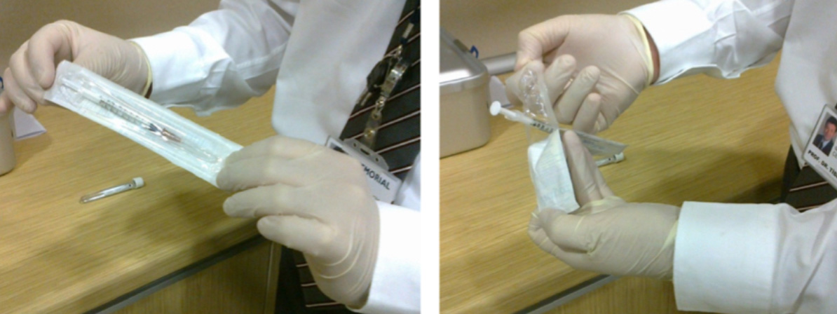 Figure 3: The syringe with its cap on can be safely placed on the counter. However, when the cap is removed and the needle is exposed, the syringe must not be set down, and the needle tip must not touch any surface.